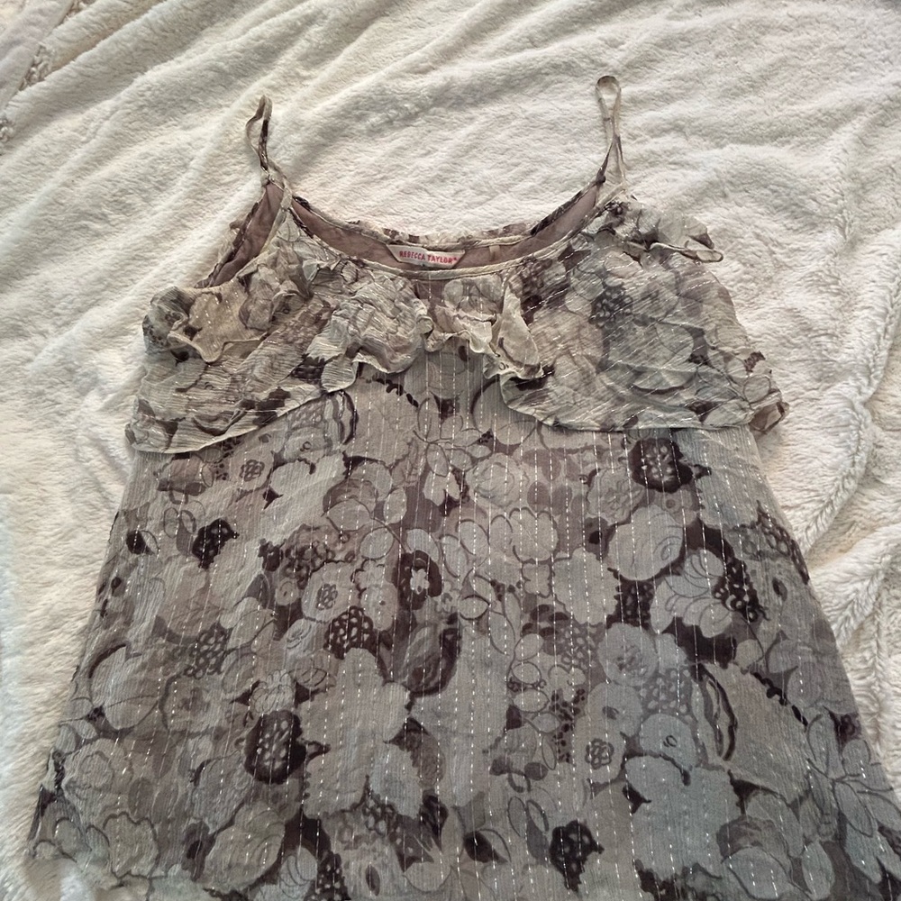 Rebecca Taylor Gray Floral Silk Camisole with Metallic stitching